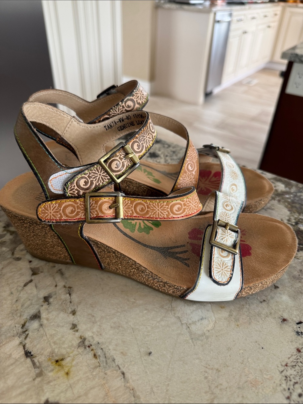 L'ATISTE Brown and White Floral Embossed Wedge Sandals